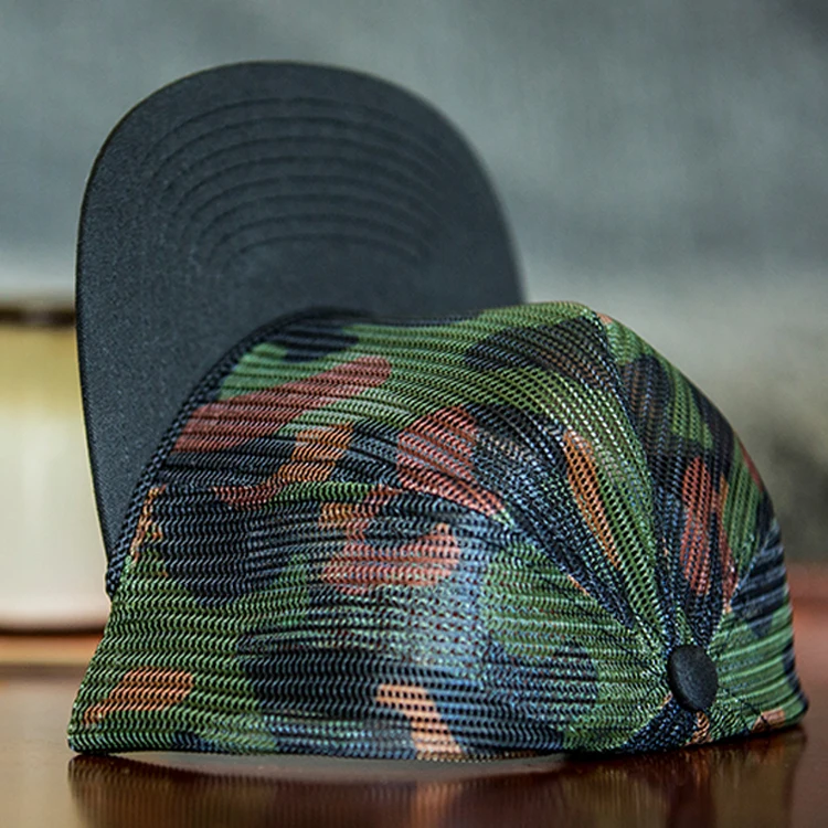 High Quality 100% Polyester Customize Camouflage 6 Panel Full Mesh Cap With Custom Woven Patch Running Cap