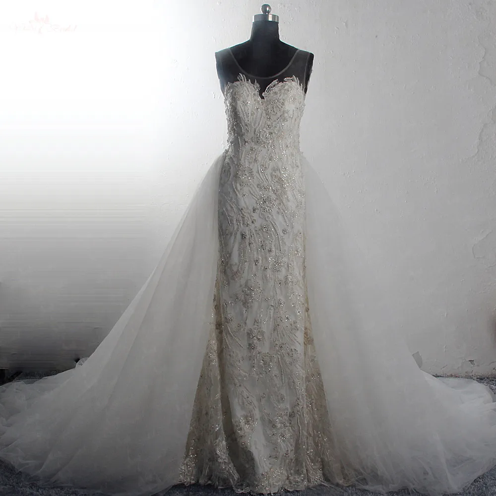 RSW1553 Luxury Bridal Gown Scoop Neckline Sleeveless Silver Beaded Appliques Lace Designer Wedding Dress Detachable Skirt