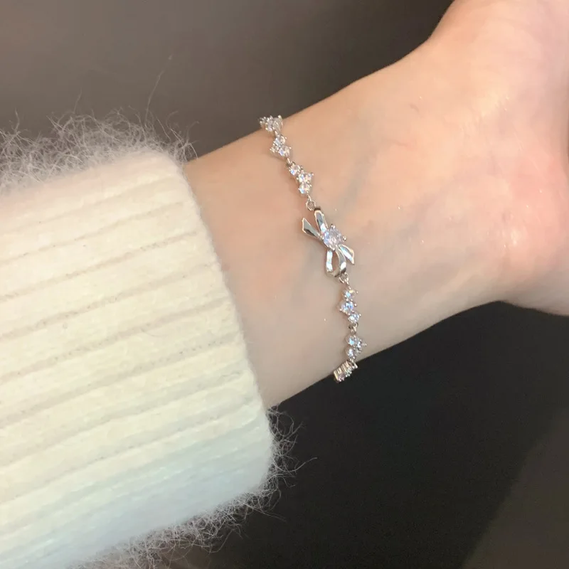 Zircon bow charm bracelet real silver plated tennis rope chain necklace women