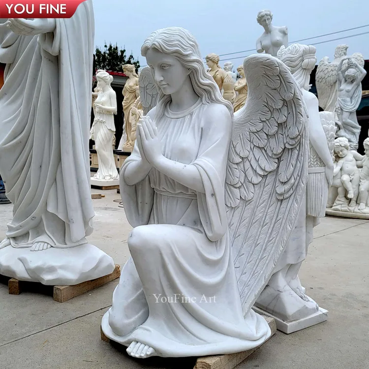 Life Size Hand Carved Praying White Marble Kneeling Angel Statue