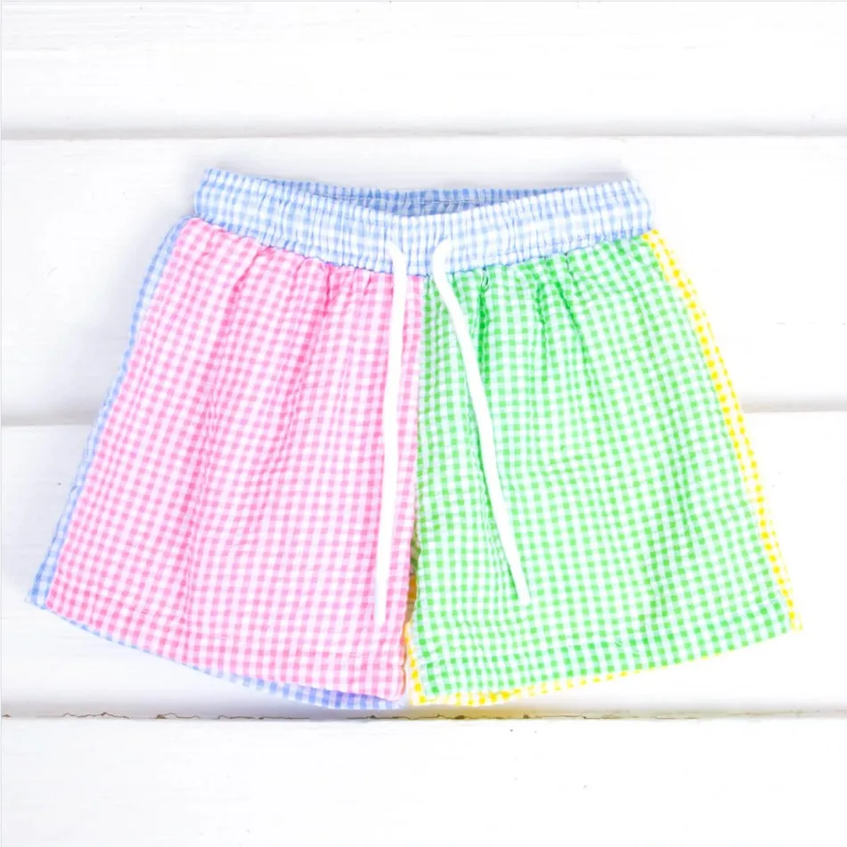 Wholesale Monogram Multi Seersucker Gingham Swim Short Toddler Boy Swim Trunks Custom Logo
