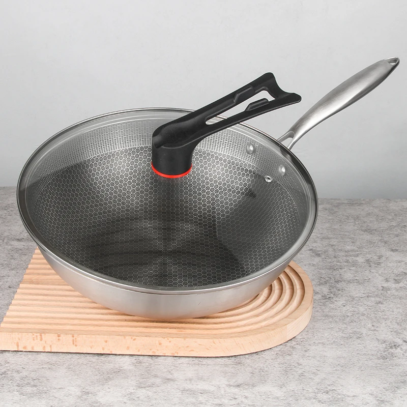 Good Quality Thickened Stainless Steel Wok Honeycomb Nonstick Frying Pan With Glass Lid