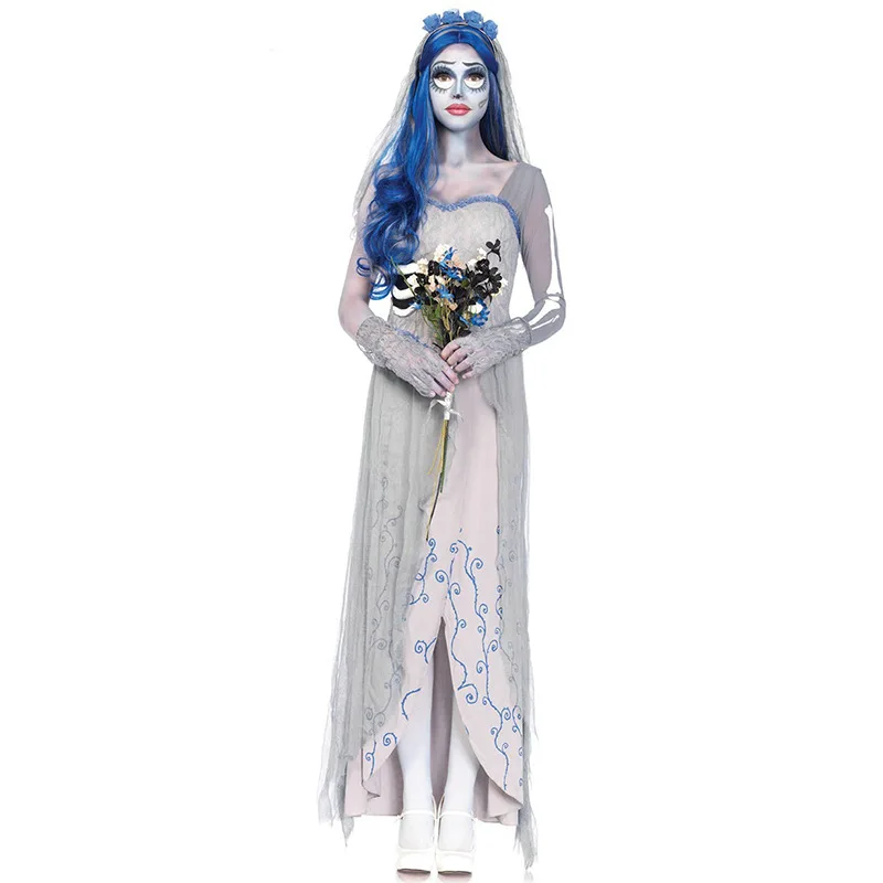 Halloween Role-Playing Ghost Bride Party Decoracion Dress White Long Sleeved Skull Long Performance Wear