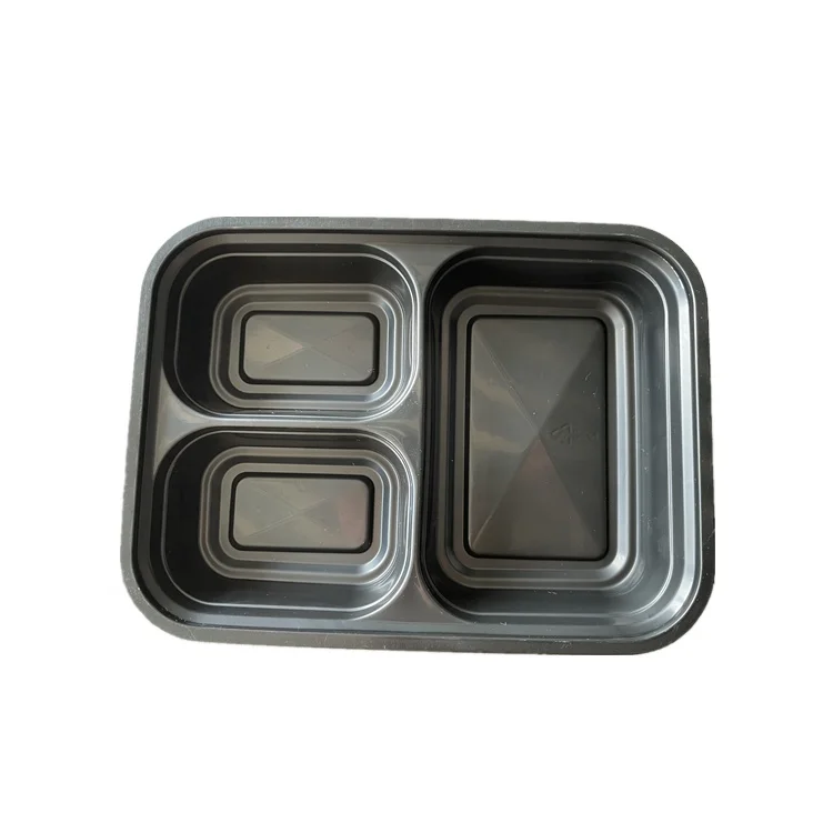 Black rectangular plastic three compartment boxes disposable plastic takeout food containers