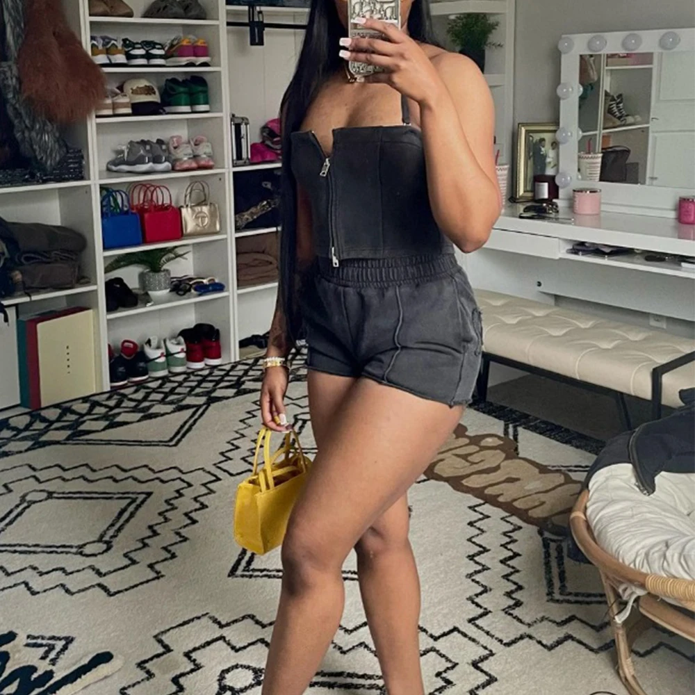 Custom Vintage Tube Top Bodysuit Women Clothing Outfits Acid Washed Two Piece shorts Sets