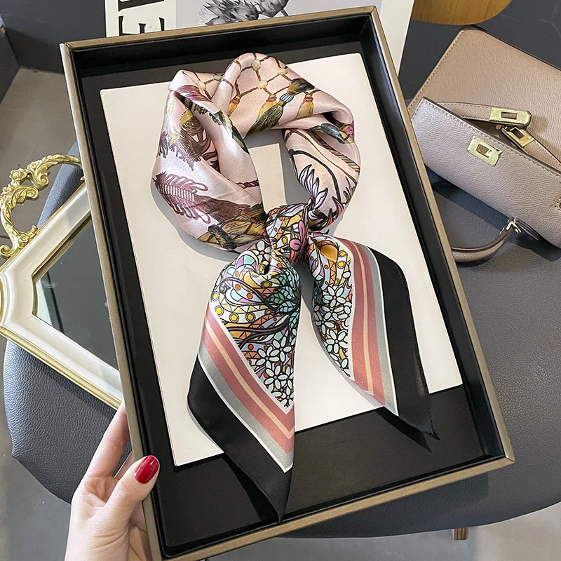 French elegant small floral silk scarf Oil painting floral print 70 mulberry silk small square scarf with decorative