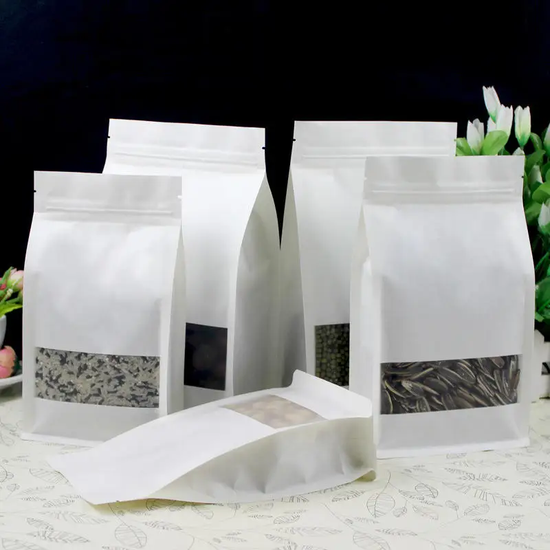Matte White Gusset Side Seal Flat Bottom Ziplock Kraft Bag Paper Rice Nut Melon Seed Tea Food Stand Up Pouch Bag with Window
