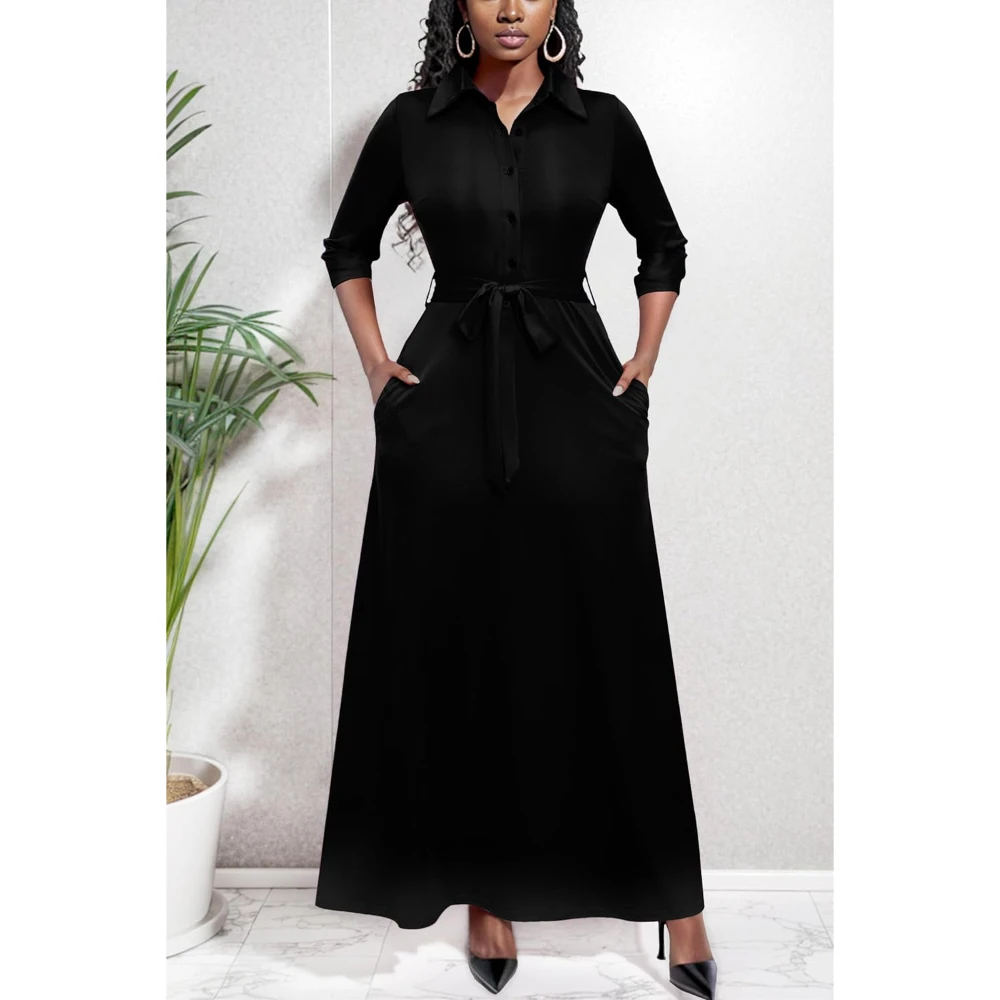 Women Church Maxi Dresses 3/4 Sleeve Button Down Print Casual Office Dress African Fashionable Bodycon Premium Elegant Outfits
