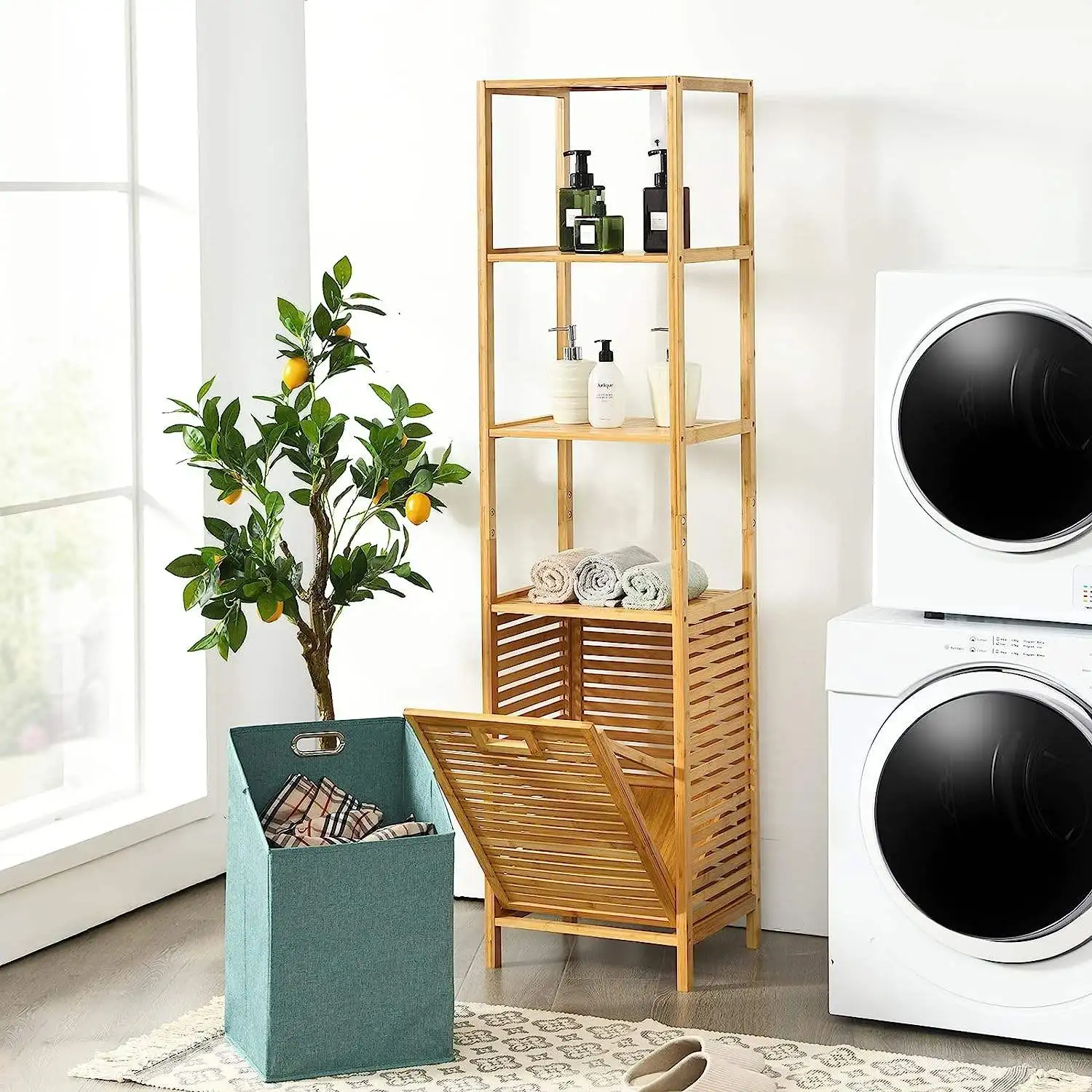 JQ Customized 2 3 4 Layer Bamboo Dirty Laundry Tilting Separate Laundry Hampers Laundry Basket for Bathroom