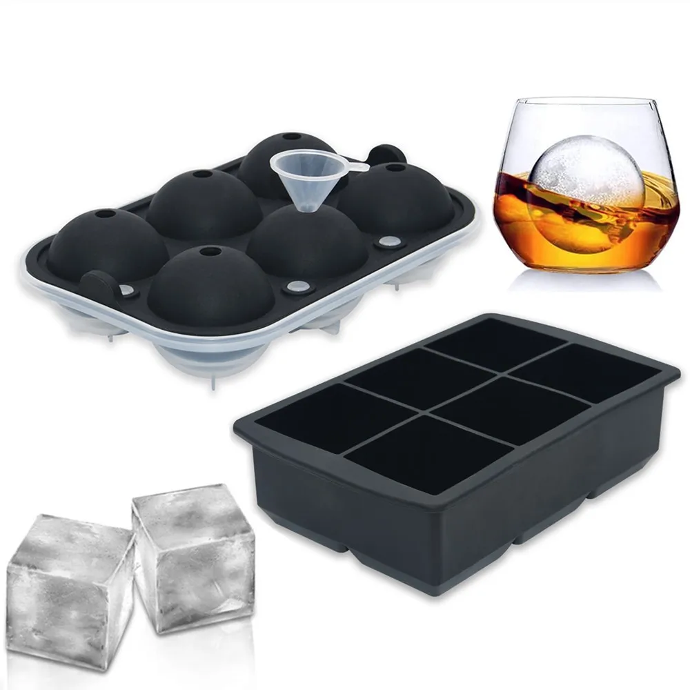 Upgrade 6 Cavity BPA Free Reusable Whisky Large Silicone Square Shape Ice Cube Tray Ball Sphere Ice Mold Set