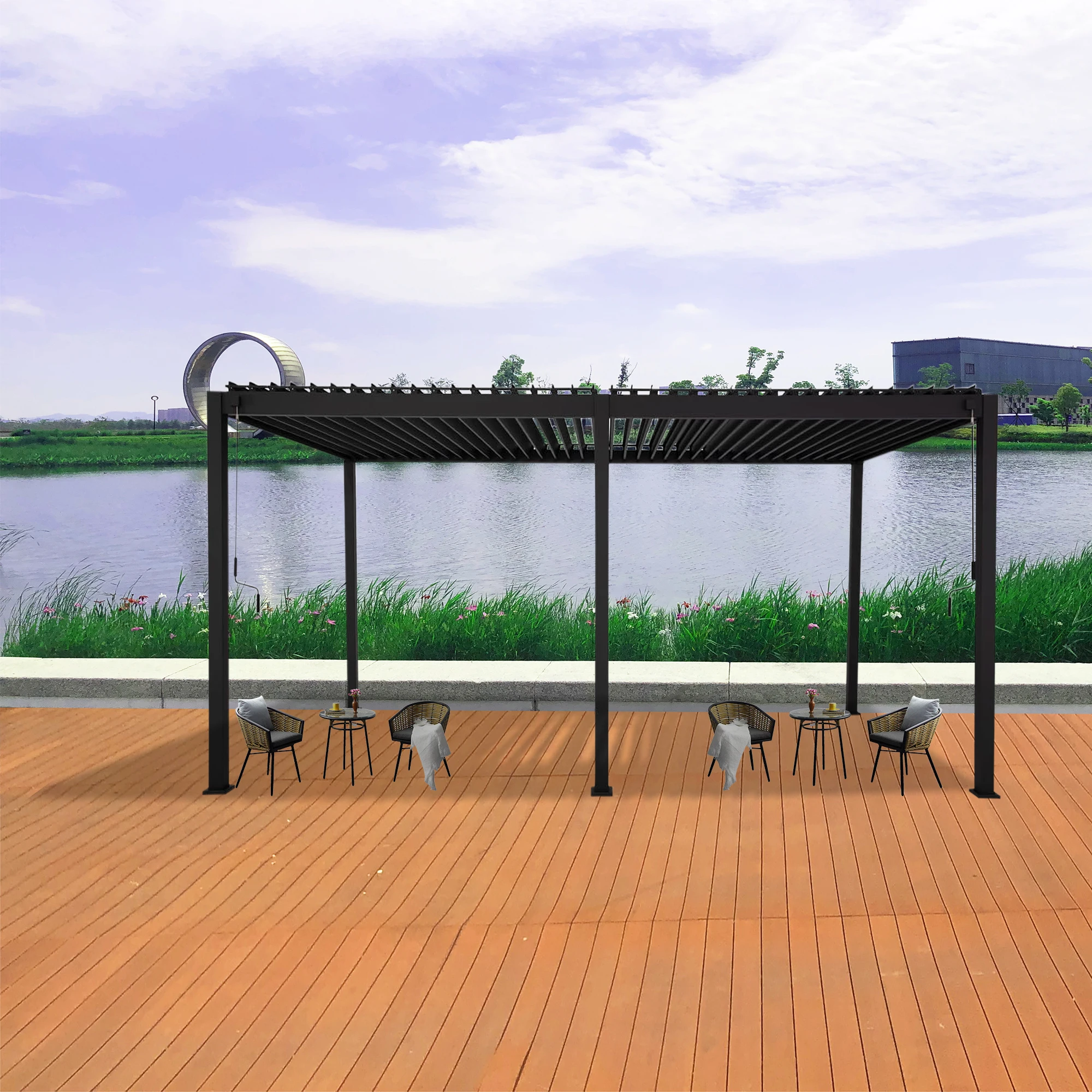 Metal Louvered Pergola Garden Furniture Pergola Awnings Privacy Screen Pergola Roof Bioclimatic Cover Gazebo with LED & Curtain