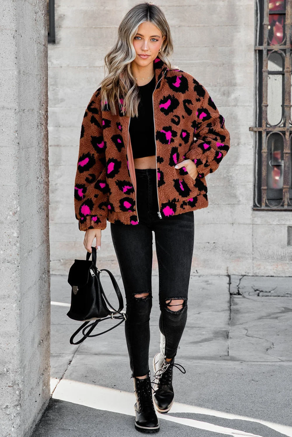 Dear-Lover Western Clothing Custom Winter Warm Leopard Zip Up Stand Collar Sherpa Teddy Women Fleece Jacket
