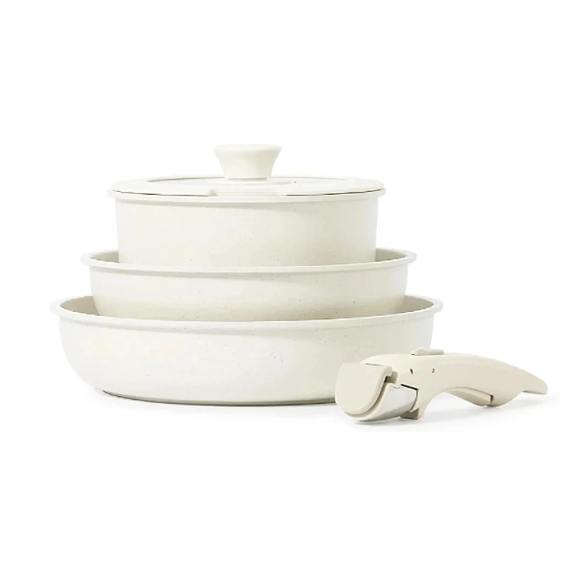 5 Pcs White Granite Non-stick Aluminum Alloy Die Casting Cookware Set Detachable Handle 70% Space Saving Dish Washer Safe