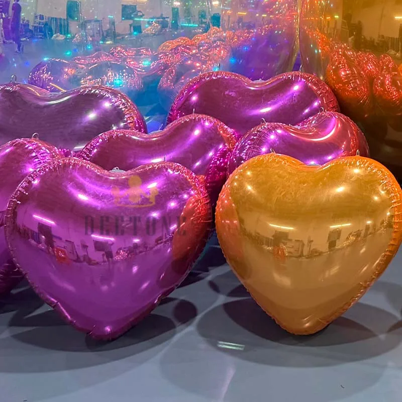 Romantic Valentine Red Pink Shiny PVC Mirror Ball Inflatable Heart-Shaped Mirror Balloon Inflatable Heart Mirror Sphere
