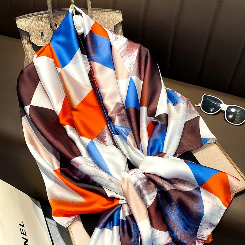 Spring Simulated Silk Scarf Oil Painting Printing Mid-length Sunscreen Shawl Brand Scarf Round Beach Towel Silk Head Scarf