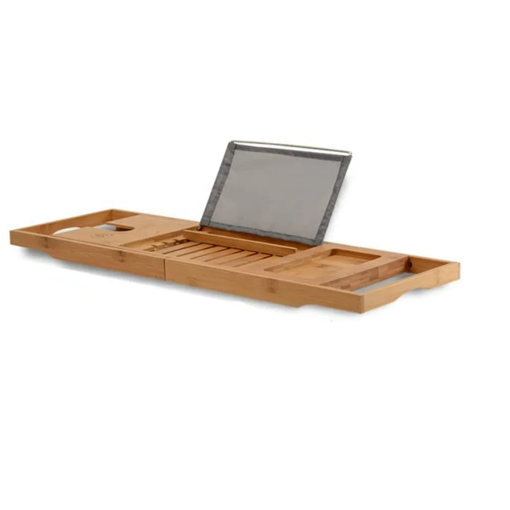 Luxury Eco-Friendly Bamboo Bathtub Caddy Tray Expandable Wooden Bath Tub Shelf Boxed Bathroom Accessory
