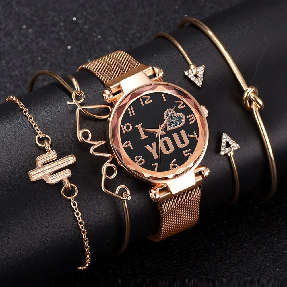 Luxury Quartz Starry Sky Heart Dial Ladies Wrist Watches Magnetic Mesh Band Watch and Bracelet Set