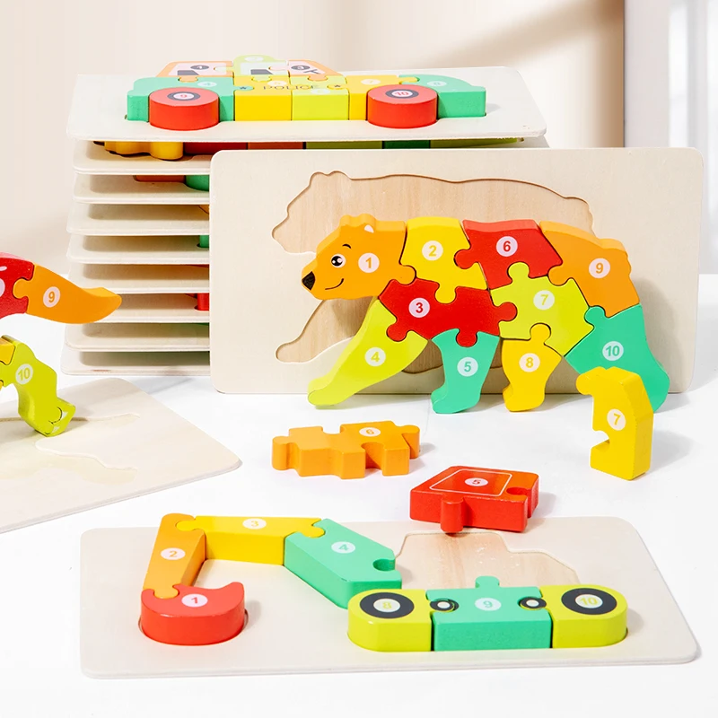 New design Montessori 12 style wooden 3D Dinosaur Car puzzle board Animal Learning Puzzles Game