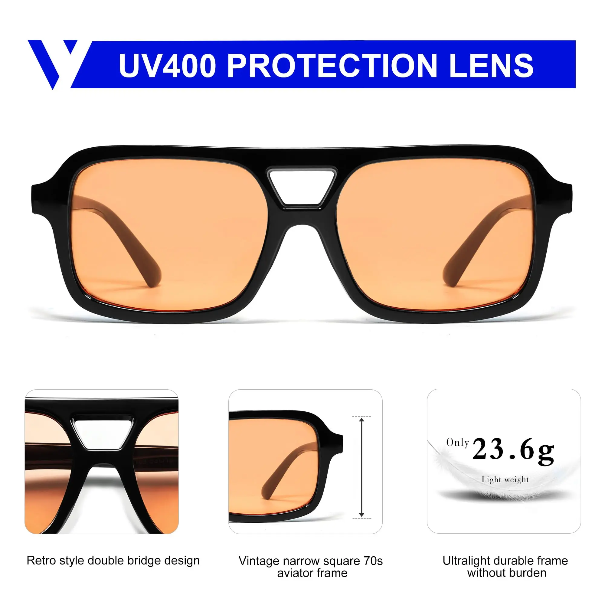 2024 new design Retro 70 s Square Aviator UV 400 PC Sunglasses traveling  Vintage Rectangle  Sunglasses  Irregular Orange Lens