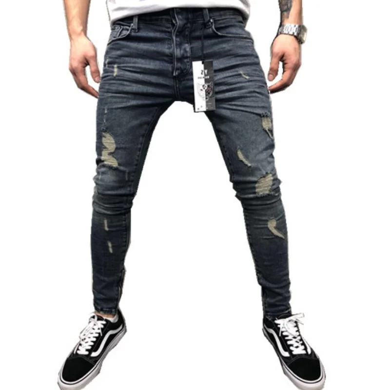 Solid Color Denim Jeans For Men Slim Fit Ripped Design Streetwear Feet Zipper Men Trendy Pencil Pants Casual B329