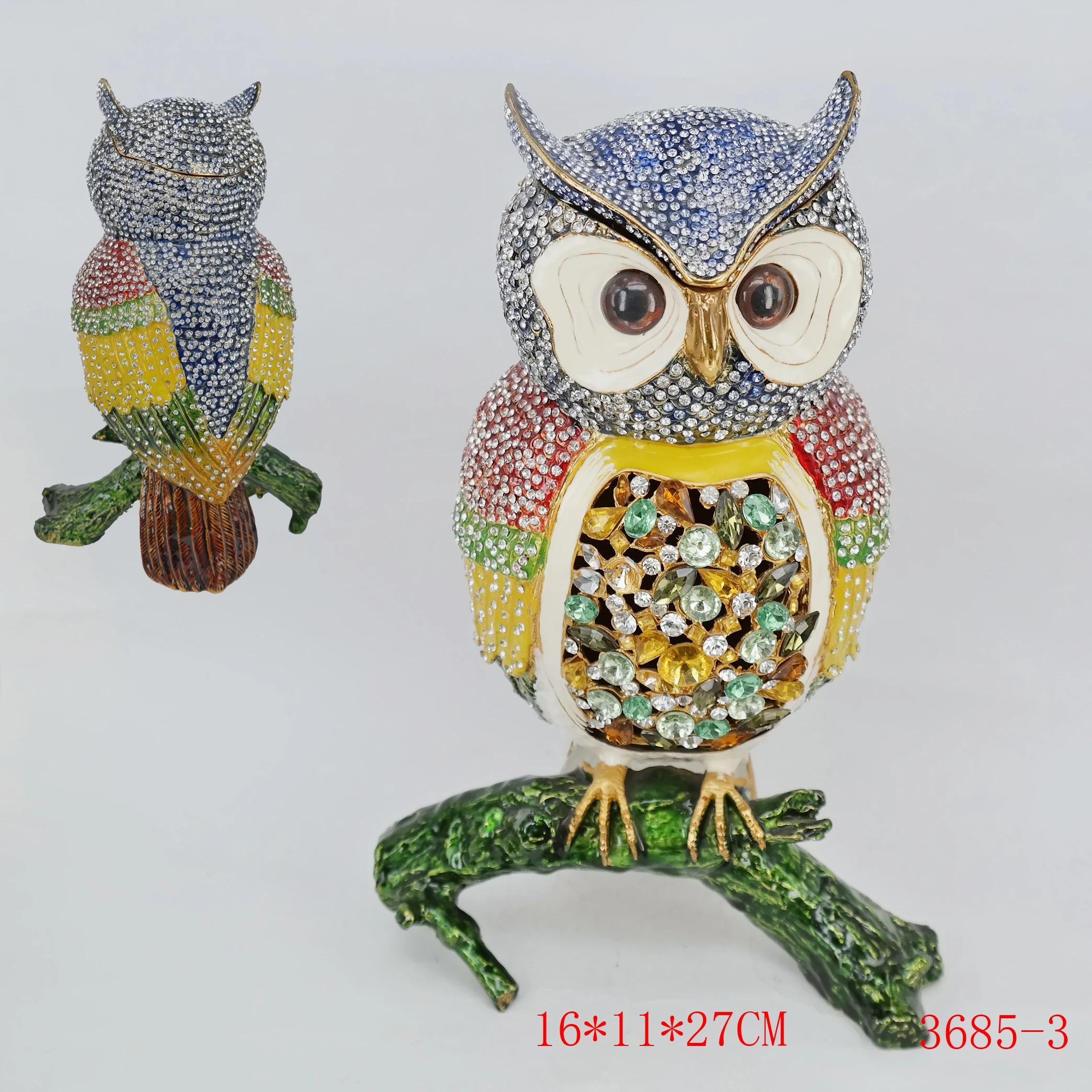 Rhinestone metal owl crystal owl figure big owl status jewelry trinket box for gifts