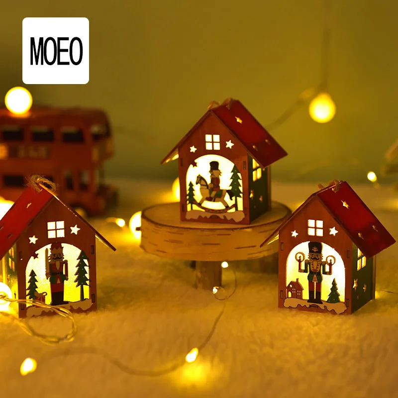 Рождественское украшение, подарок, подвеска в виде грецкого ореха, солдата, цветной светящийся деревянный дом, подвеска на рождественскую елку, атмосферная сцена, макет