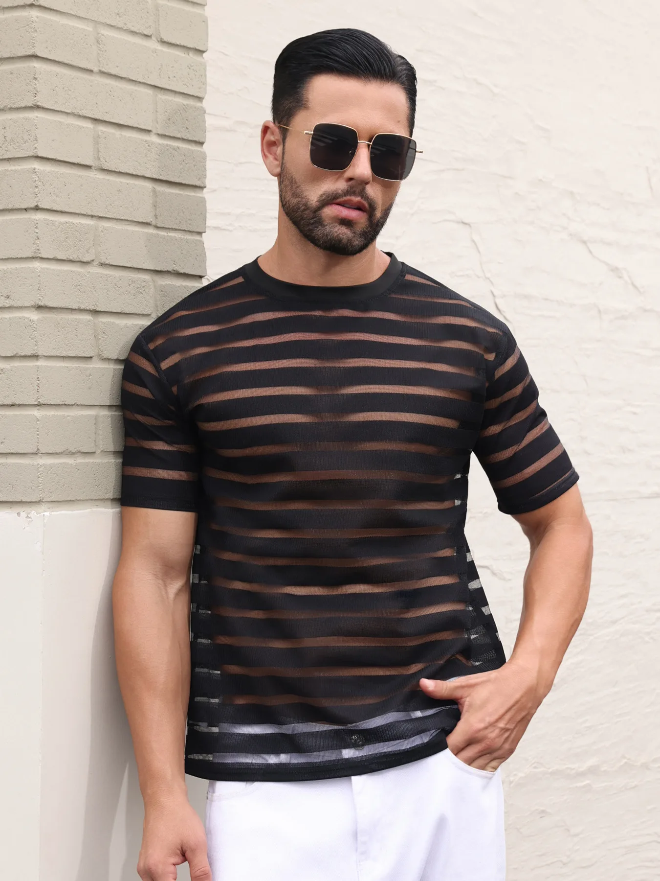Men Clothing Streetwear Sexy Korean Fashion Tee Tops Transparent Striped Mesh T-shirt Homme