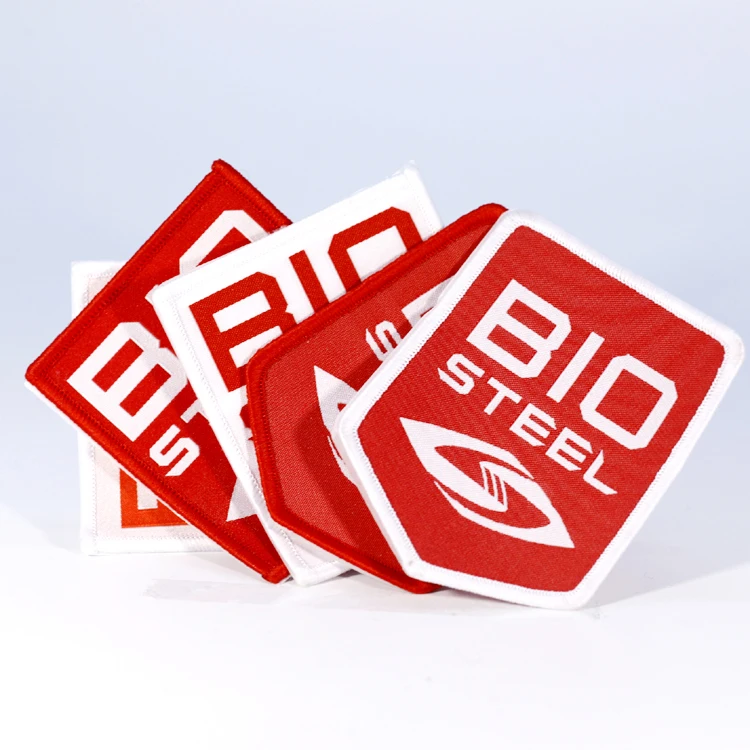 Iron on Backing Design Custom Merrow Border Weaving Brand Name Logo Clothing Badge Woven Patches