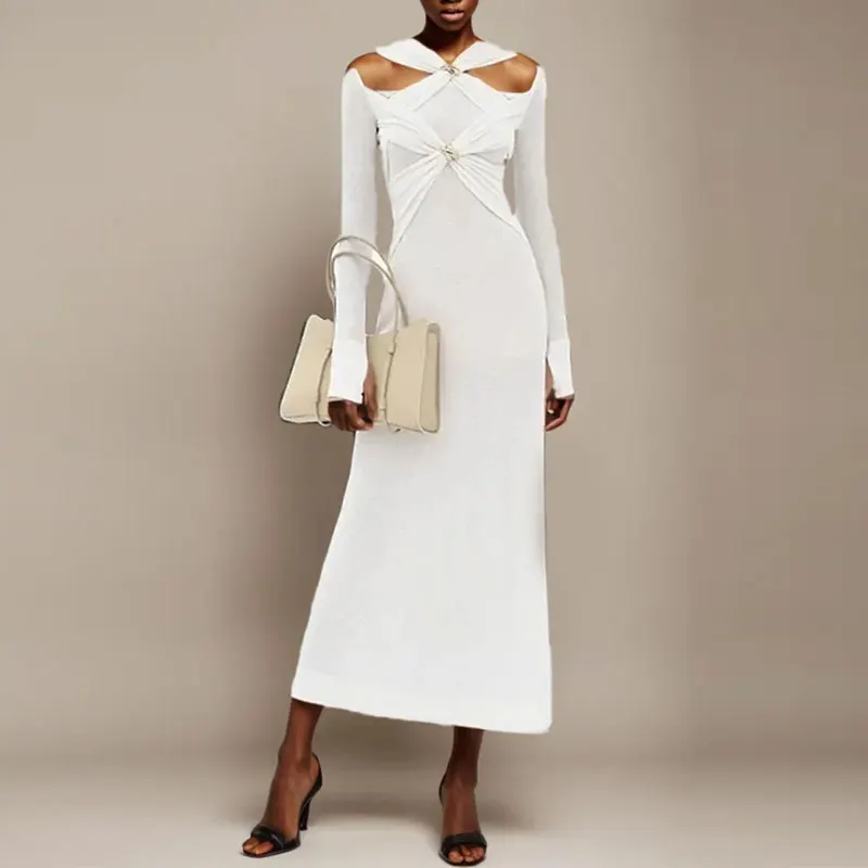 CHICEVER Long Dresses Dress Fashion Cross Bandage Summer for Women Midi Solid Color Casual Woven Empire Plain Dyed as Picture