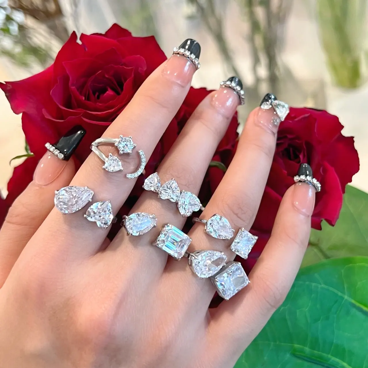 Dylam Ins Kyliejenner Same Style Hottest Heart Cut Adjustable Open Pear Cut Stones 8a Zircon You and Me Double Stone Ring Set