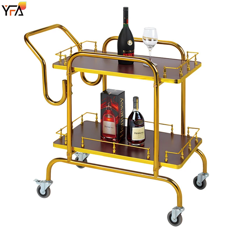 Luxury Commercial Furniture Gold 2 Layer Bar Carts Mobile Drinks Wine & Beer Serving Trolley For Hotel \ Restaurant\ Club