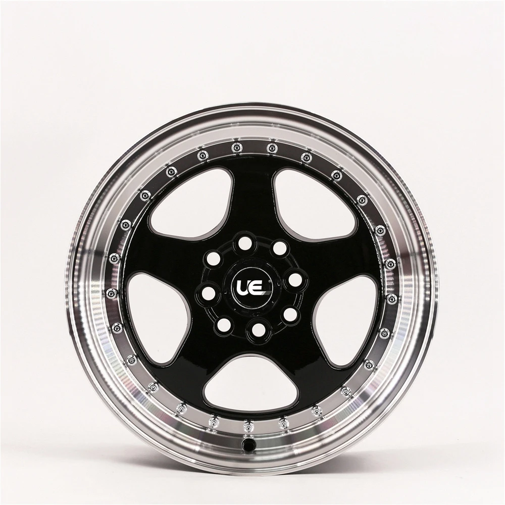 536 Milled Lip 15 Inch Gloss Black Alloy Wheels Rims With Chrome Rivets