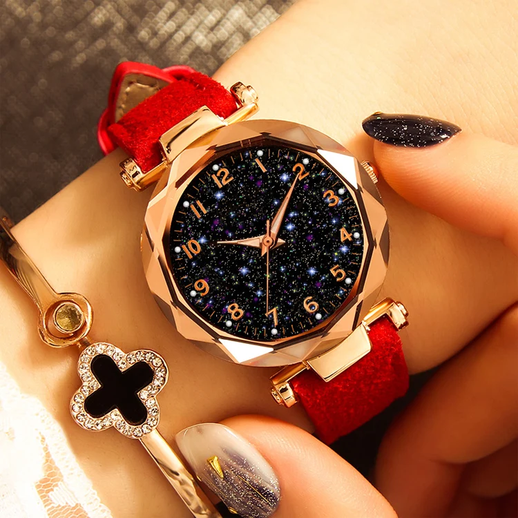 Модные женские часы с изображением звездного неба с кожаным ремешком и пряжкой