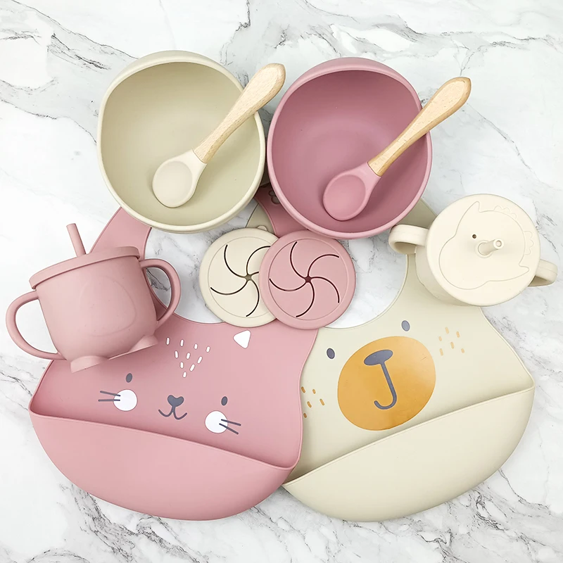 Baby Silicone Feeding Set Tableware Kit Bebe Dining Kit Print Pattern Bib Design Babero Bowl And Spoon With Straw Cup