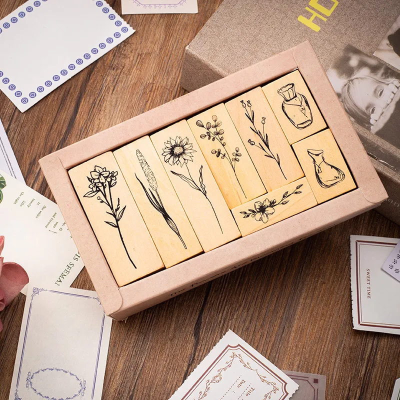 Wholesale creative retro plant Plant Vase rubber diary DIY decorative printing floral wooden stamp seal set