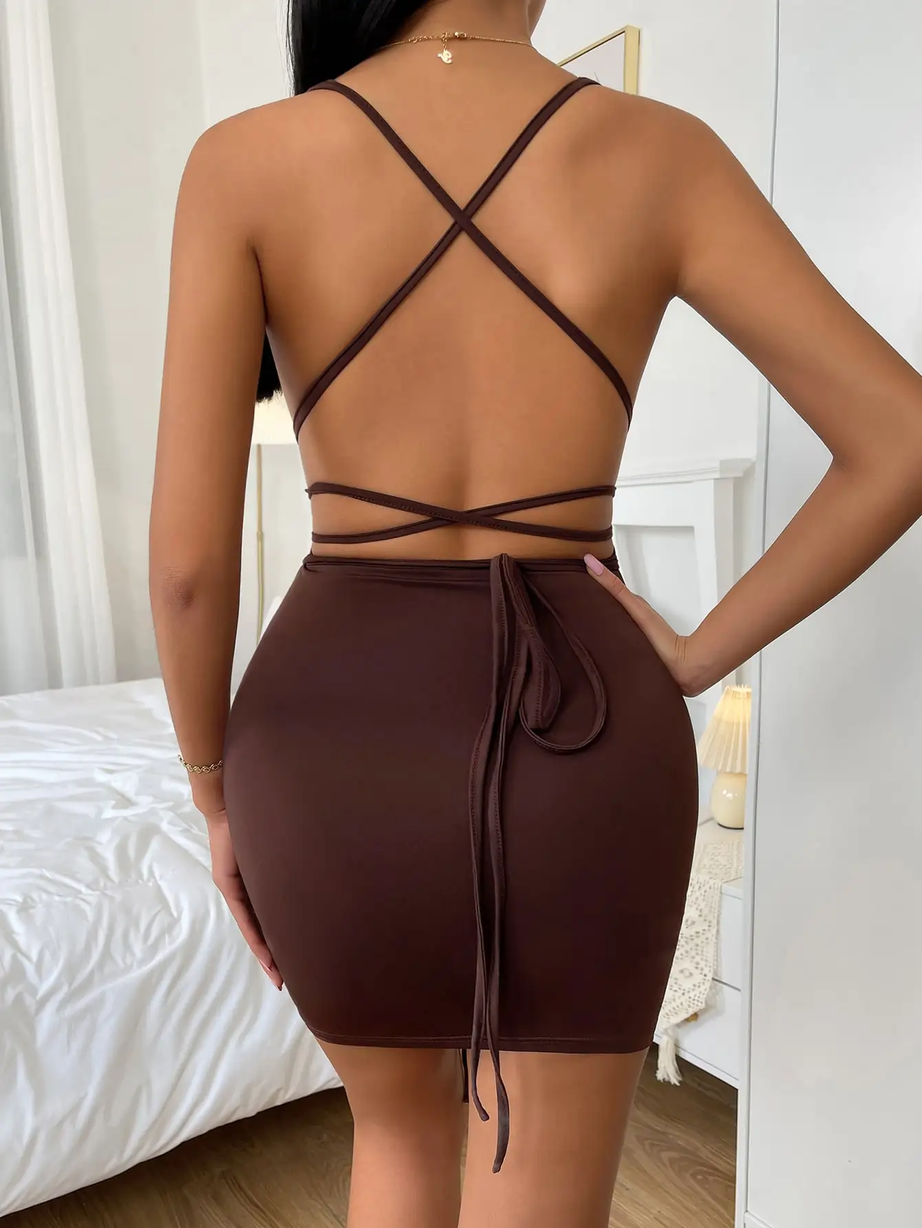 New Arrival Sleeveless V Neck Ruched Bodycon Women Club Dress Drawstring Cross Backless Deep V Neck Dress