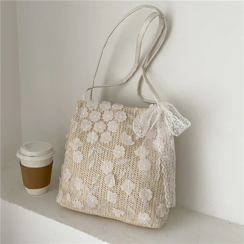 L100 hot style fairy lace fashion straw woven bucket bags women embroidered handbags one shoulder small fresh shopping bag