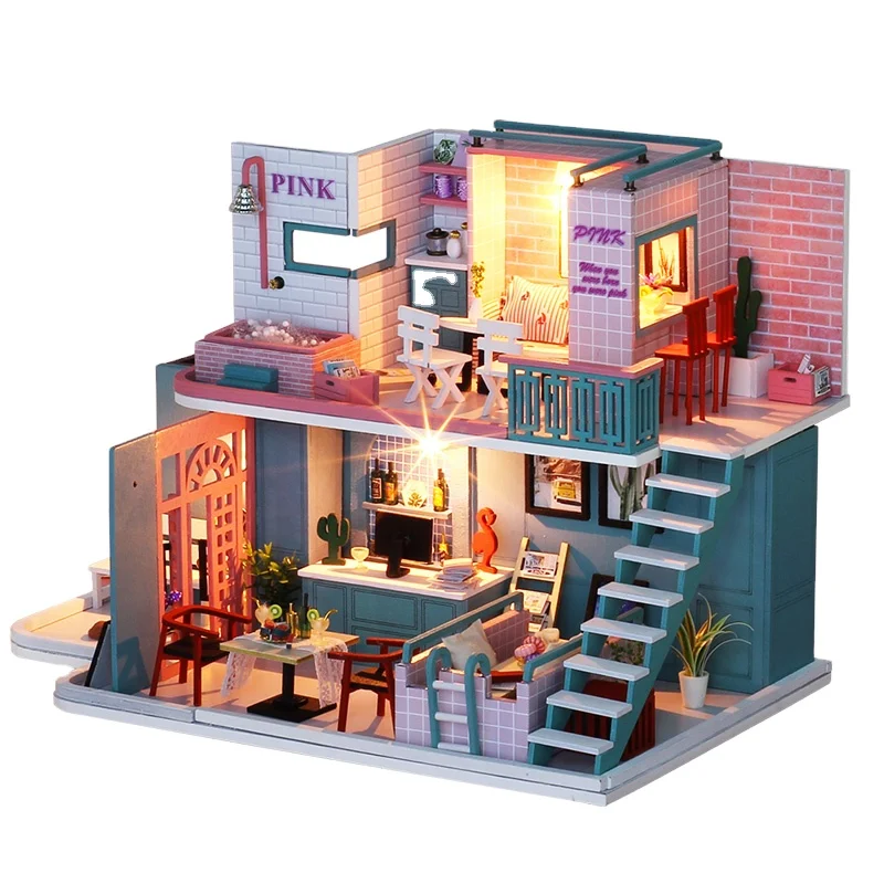 IIECREATE 3D Wooden Pizzle For Adult -034 Pink Cafe DIY Handmade Wooden Miniature House WIth LED Light