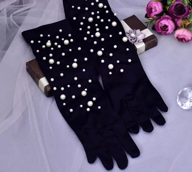 Black satin gloves girl pearl gloves bride wedding accessories