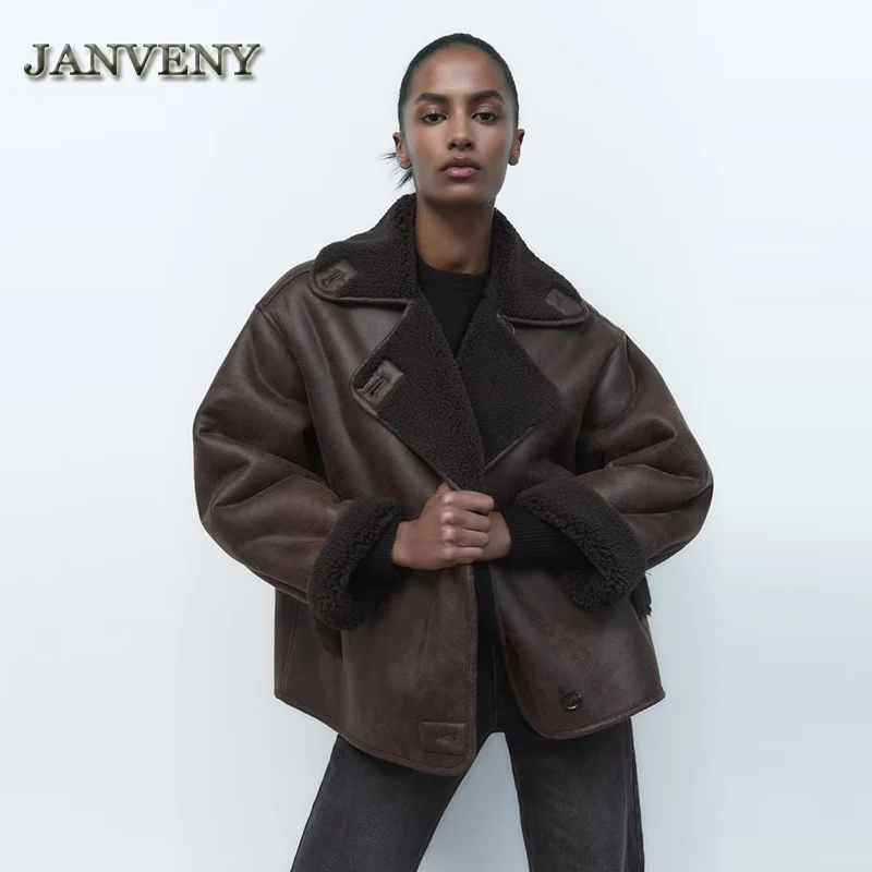 JANVENY 2023 New Autumn Winter Faux Leather Splicing Fleece Jacket Women Loose Single Breasted Thickened Lambswool Overcoat