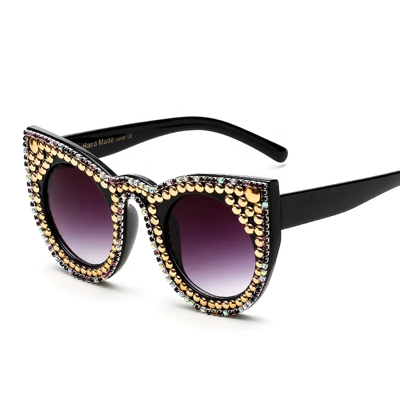 
Sinle sunglasses brand luxury OEM logo cat eye diamond sunglasses for women bling sunglasses rhinestone 
