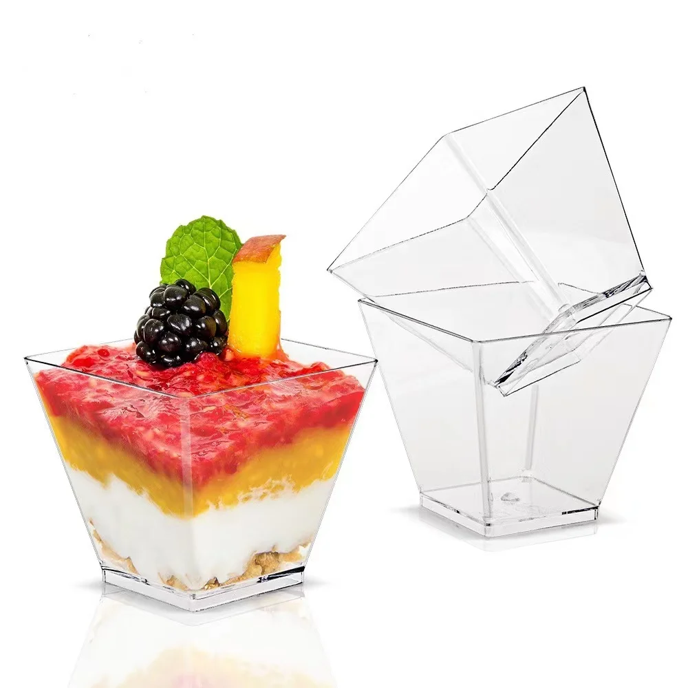 Mini mousse pudding jelly yogurt cup tasting cup transparent square hard PS disposable cups with lid