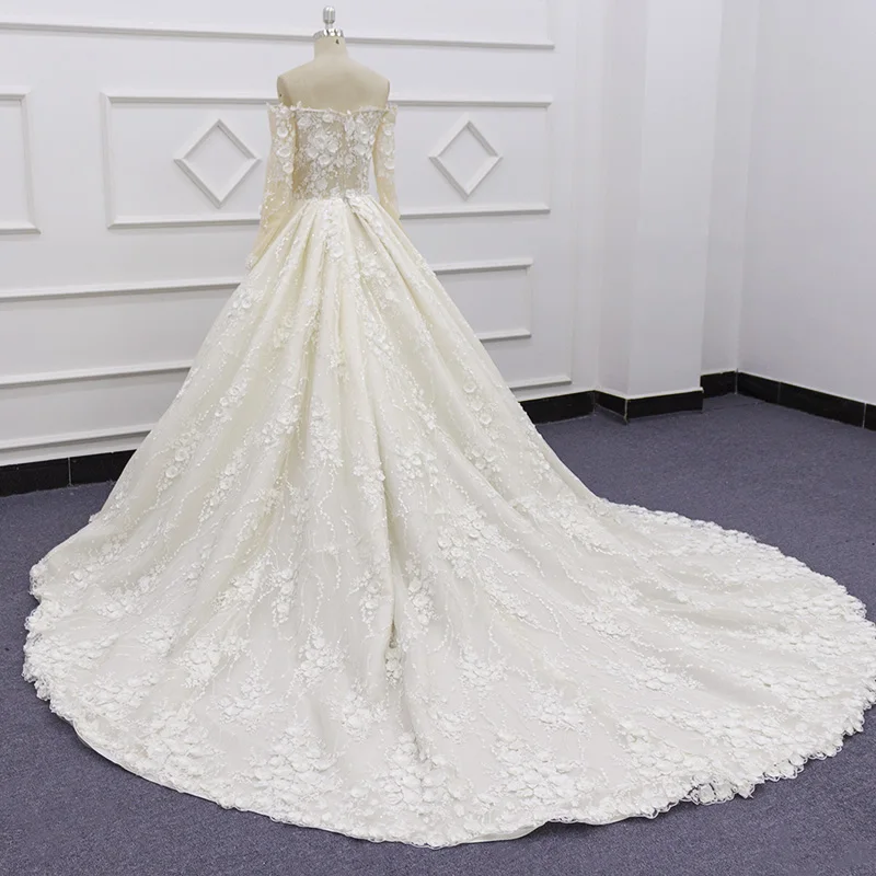 Eslieb SJ105-2 real photo wholesale price champagne sweetheart long sleeve 3D flower lace wedding dress ball gown