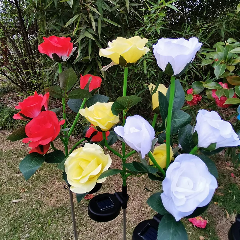 White Solar Powered Garden Flowers LED Realistic Rose Flowers Stake Lawn Lights Waterproof Outdoor for Patio Pathway Courtyard