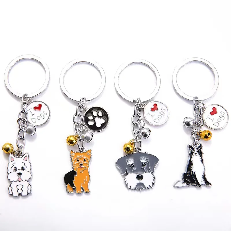 Fashion Cartoon Promotional Cute Pet Dog Metal KeyChain Enamel I Love Dog Gold Bells Golden Retriever Samoyed Dog Key Chain