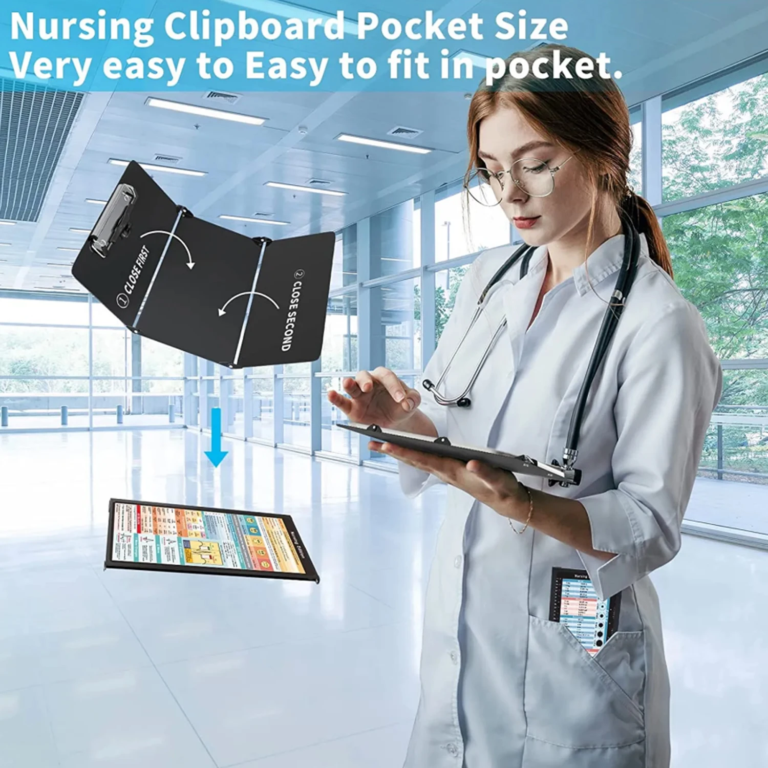 Nursing Clipboard Foldable Nursing Edition Cheat Sheets 3 Layers Aluminum Nurse Clipboard Pen Clip Pocket Clipboard