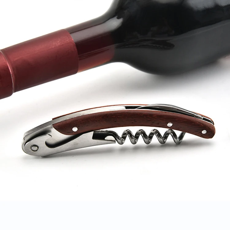 Double Hinged Waiters Corkscrew Spiral Wine Bottle Opener with Red Rose Wood Handle