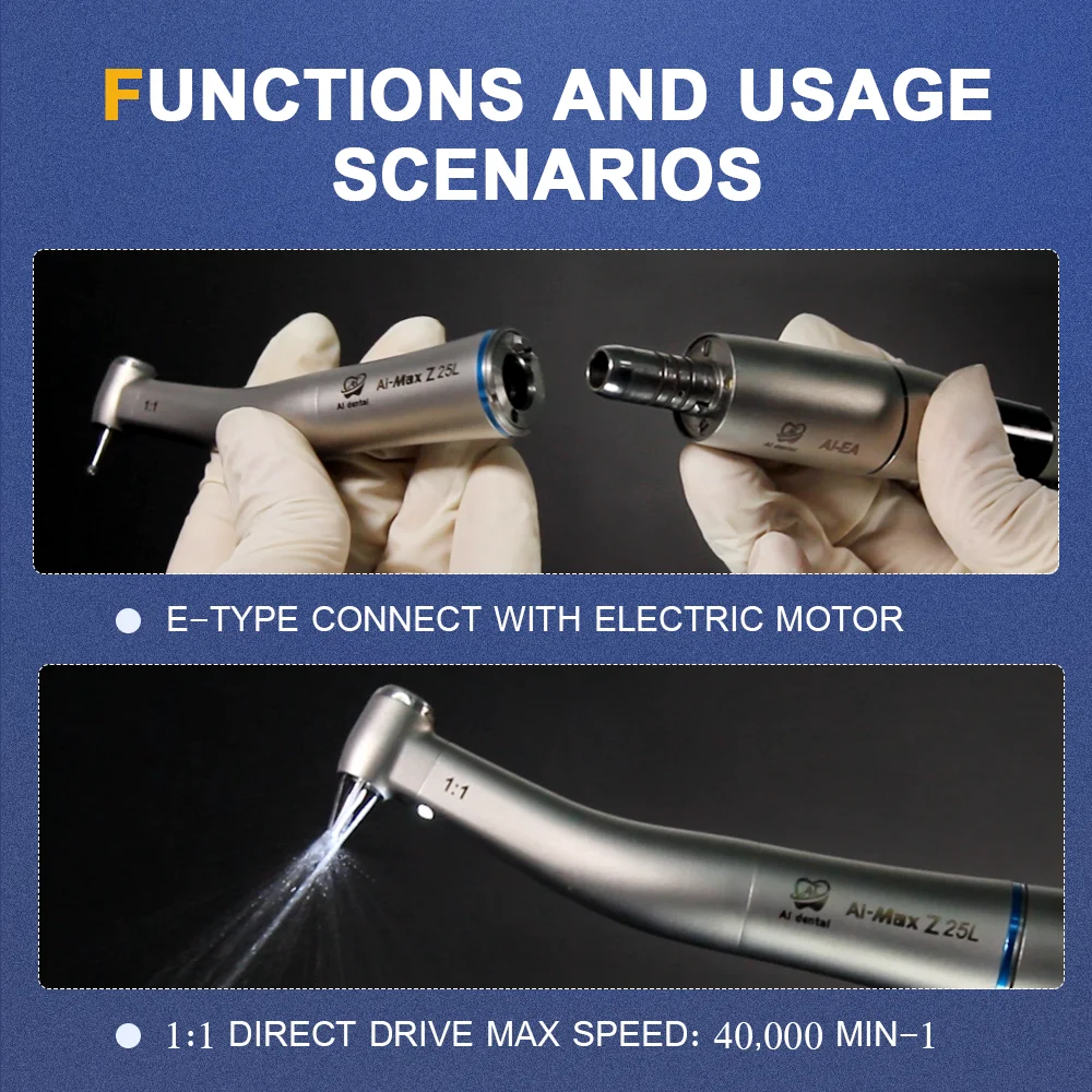 AI-Z25L 1:1 Direct Drive For CA burs (2.35) Stainless Steel Optic Contra Angle Low Speed Dental Handpiece with Quattro Spray