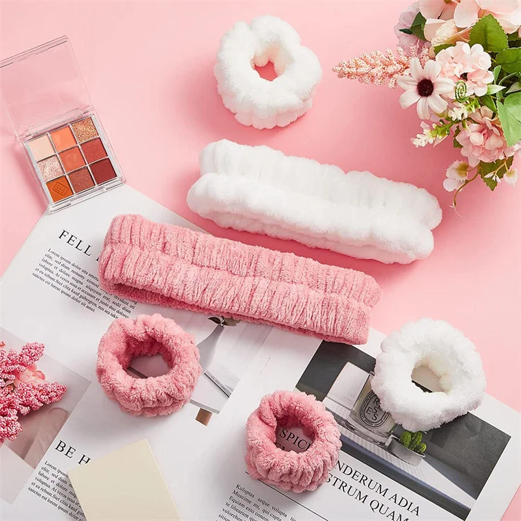 Coral Velvet Yoga Cosmetic Bath Hairbands Elastic Hair Band Soft Spa Headbands Wristband Sets