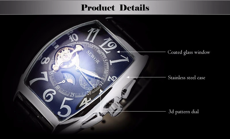 
SEWOR 577 Classic Tourbillon Wrap Mens Watches Automatic Watch Golden Case Calendar Male Clock Black Mechanical Watch 